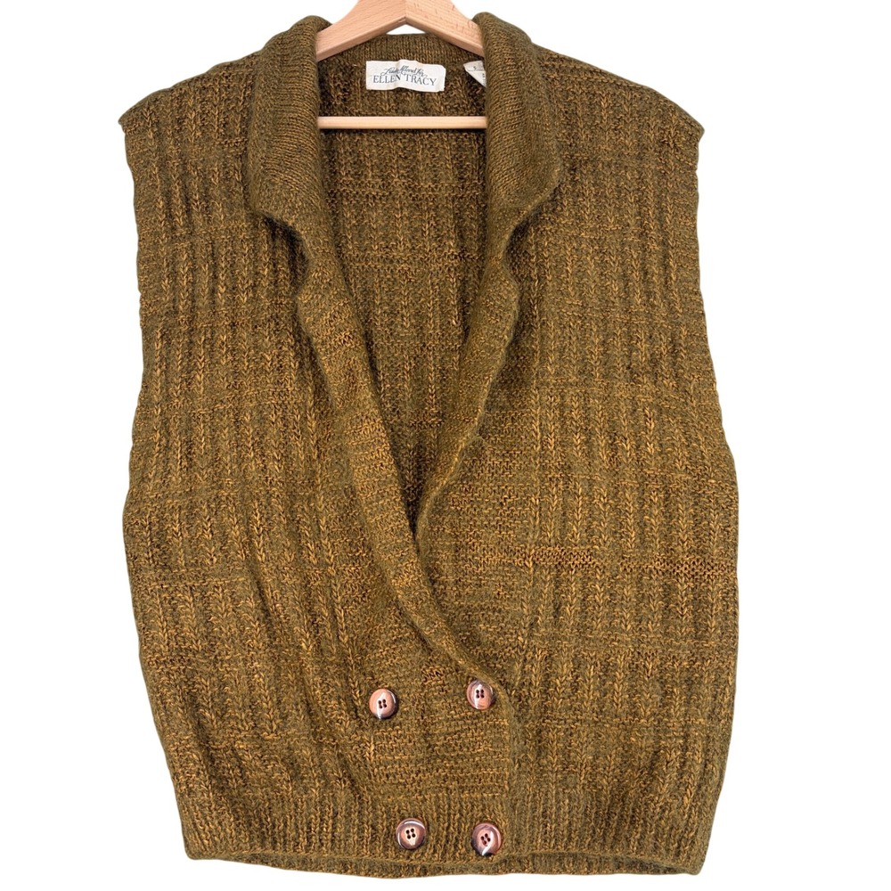 Linda Allard Ellen Tracy Mohair Blend Hand Knit Sweater Vest Olive Brown Small